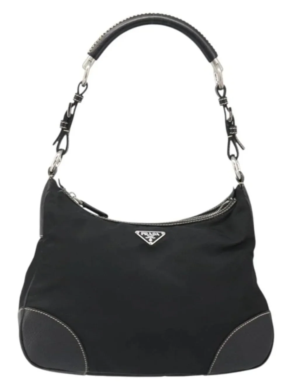 PRADA Shoulder Bag Nylon Leather Black Silver Auth 179529A